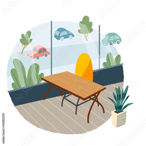Cafe table for working or eating interior design background. Table with chair, plant, window view on city with cars vector illustration. Modern lifestyle scene, remote workplace or leisure