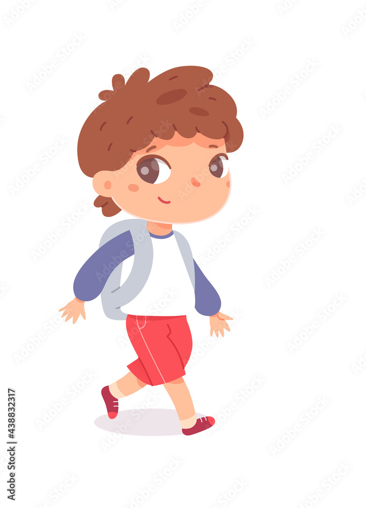Cute smiling little schoolboy with backpack walking, view from back. Child going isolated on white background. Primary school pupil back to study. Cartoon kid vector character.