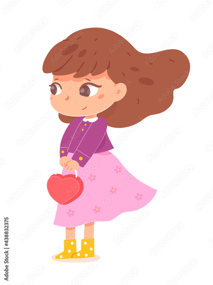 Happy girl standing with bag. Joyful smiling child in spring or autumn outdoor. Positive emotion and fun vector illustration. Cute cheerful little kid in good mood on white background Happy girl standing with bag. Joyful smiling child in spring or autumn outdoor. Positive emotion and fun vector illustration. Cute cheerful little kid in good mood on white background