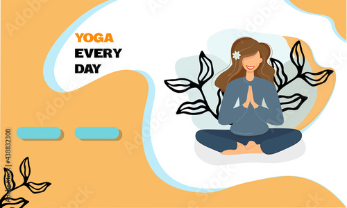 Cute girl meditates and practices yoga. Young woman in the lotus position. The concept of release from a stressful situation. Template for business card  banner or advertisement of online yoga. Vector