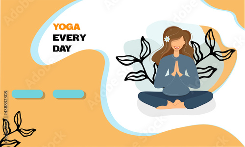 Cute girl meditates and practices yoga. Young woman in the lotus position. The concept of release from a stressful situation. Template for business card, banner or advertisement of online yoga. Vector