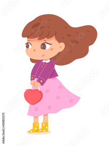 Happy girl standing with bag. Joyful smiling child in spring or autumn outdoor. Positive emotion and fun vector illustration. Cute cheerful little kid in good mood on white background