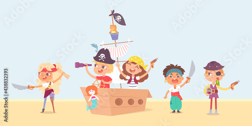Little children as pirates having adventure set. Cute boys and girls in ship, with swords vector illustration. Captain sailing with sailor in boat, kids as characters on white background