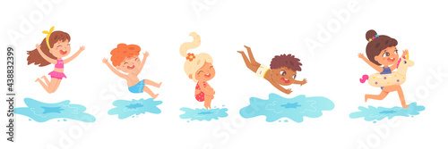 Children jumping into water on summer vacations set. Little boys and girls having fun vector illustration. Kids spending holidays in seaside or swimming pool on white background