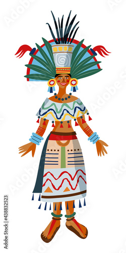 Mayan woman in traditional clothes. Ancient civilisation decoration patterns in Mexico vector illustration. Tribal girl with earrings, sandals, dress and headwear on white background