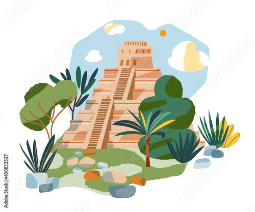 Mayan Chichen Itza temple background. Ancient civilisation icon in Mexico vector illustration. Ancient building in nature with trees and stones on white background. Wallpaper design