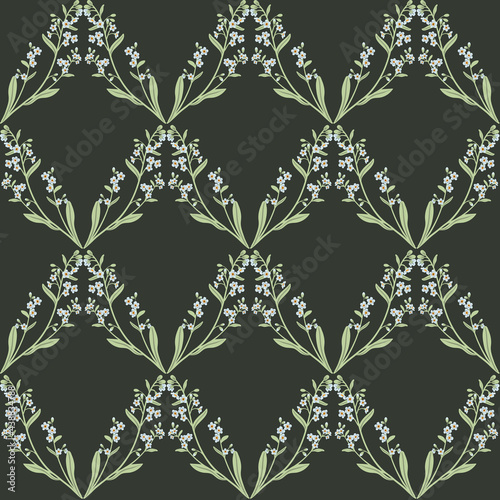Cute blue branch of forget-me-not flower seamless pattern. Delicate summer herb texture. Vector background for paper, cover, fabric, interior decor.