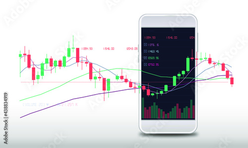 Red and green candlestick chart with smartphone with chart chart screen. isolated on a white background trading graphic design ideas financial stock market digital currency chart vector illustration