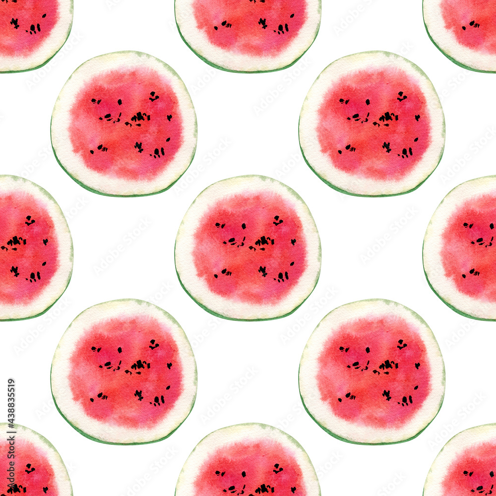 Fototapeta premium Watermelon pattern. Seamless watercolor background with sweet berries