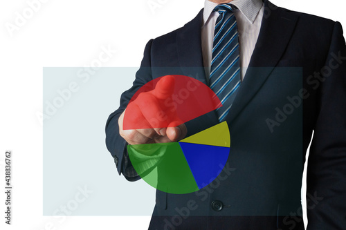 Analyst pointing at a pie chart illustrating market share  sales volume by category  or showing contributing factors composition of a certain business phenomenon.