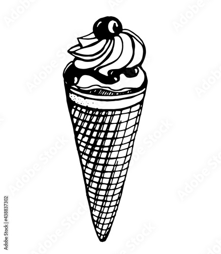 Ice cream in a waffle cone with a cherry. Vector image on a transparent background, drawn by a pen