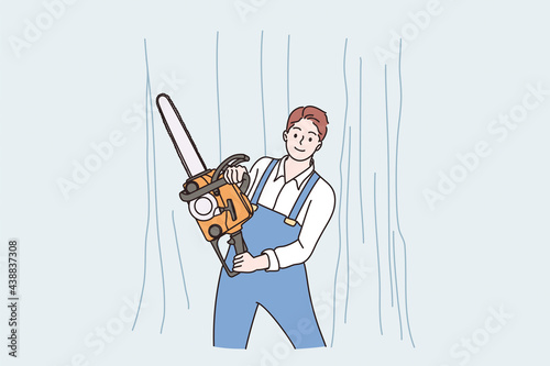 Illegal logging, sawmill concept. Lumberjack man cartoon character standing in forest woods with chainsaw axe or Lumberjack carrying chainsaw vector illustration 