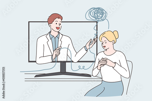 Telemedicine and online medical support concept. Young woman cartoon character sitting and getting medical support from virtual doctor online from remote visit vector illustration 
