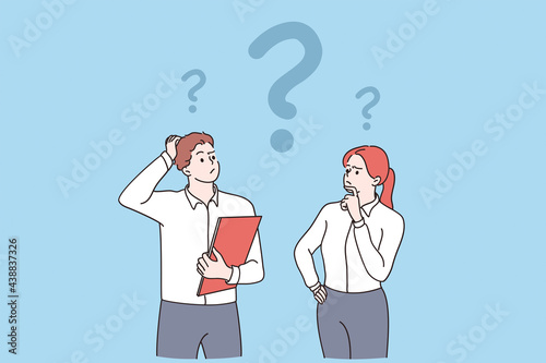 Feeling doubt, question, thinking concept. Young frustrated man and woman business partners cartoon characters standing feeling doubt with question signs above vector illustration 