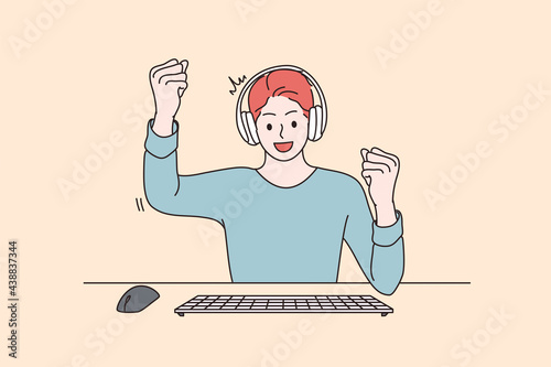 Gambling and winning victory concept. Cheerful enthusiastic happy man cartoon character gamer sitting winning computer game gesticulating vector illustration 