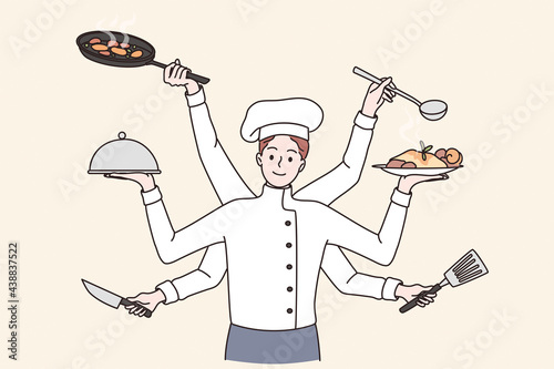 Multi tasking cooking chef concept. Smiling young Multitasking kitchen chef man cartoon character in working uniform standing cooking holding dishes in many hands vector illustration 