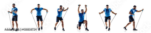 Collage about sportsman performing squats as secure resistance rope between legs, stretch loop with knee, clench arms together