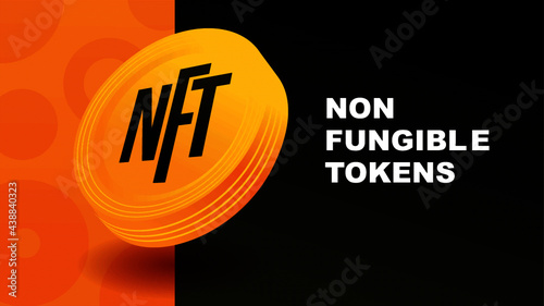 NFT Non Fungible tokens. Flying coin with black background. poster and presentation template vector illustration