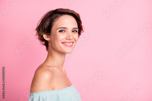 Profile side photo of young cheerful woman happy positive smile adorable pretty isolated over pastel color background