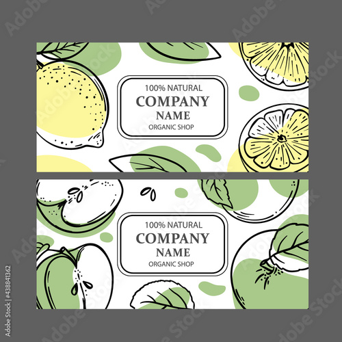 LEMON GREEN APPLE LABELS Design Of Stickers For Shop Of Organic Natural Fresh Fruits Vegetables And Dessert Drink Products In Sketch Style Vector Illustration Set