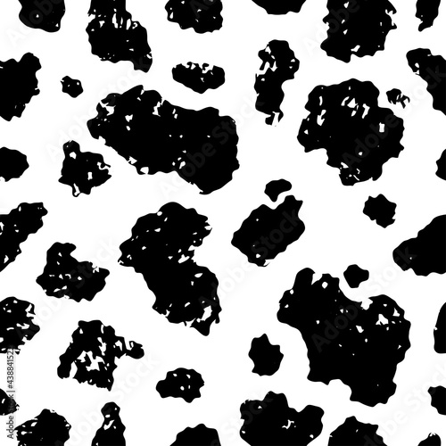 Cow skin, seamless texture. Grunge aged pattern. Black spots on white background. Animal print. Dalmatian dog, damage stains. Vector illustration.
