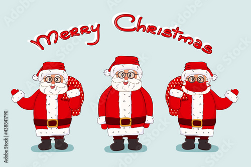 Vector Santa Claus set and Merry Christmas lettering text. Cartoon Happy Santa with bag, mask, costume