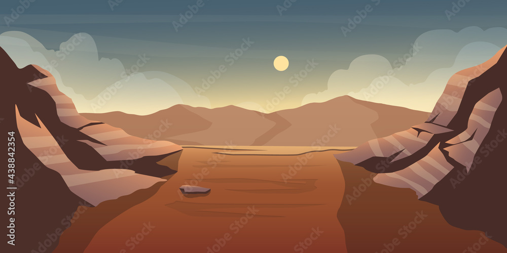 Illustration of desert valley with background mountain