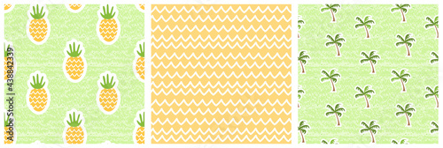 Set of Summer nature seamless patterns. Vector illustration of pineapples, palm trees, yellow waves. Shabby, aged effect