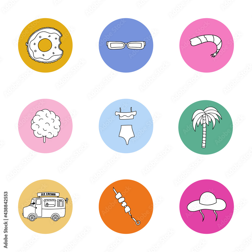 Modern and trendy highlights for different social media, bloggers, companies, brands with elements about vacation, summer trip, traveling, holiday. Vector cliparts illustrations in bright palette.