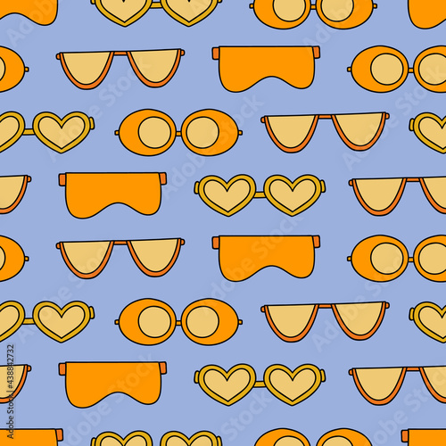 Cute and colorful vector seamless hand drawn pattern with sunglasses, eyeglasses and goggles in bright colors. Can be used for, wrapping paper, bedclothes, notebook, packages, gift paper, textile.