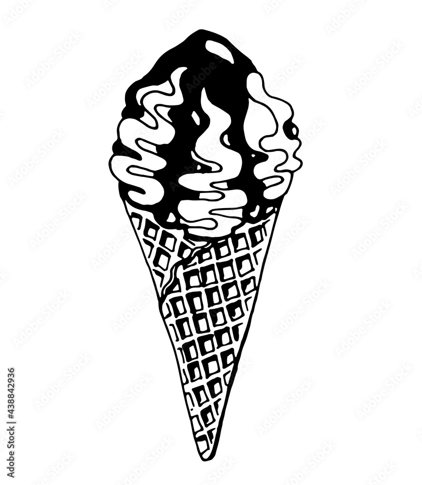 ice cream in a waffle cone with chocolate icing or jam. vector image on transparent background, drawn by a pen ice cream in a waffle cone with chocolate icing or jam. vector image on transparent background, drawn by a pen