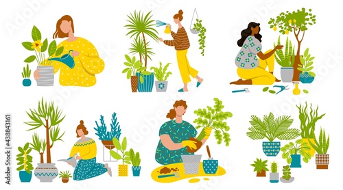 Set of women caring for houseplants. Flat image isolated on white background. Home gardening includes growing, watering, transplanting, spraying, pruning houseplants. 