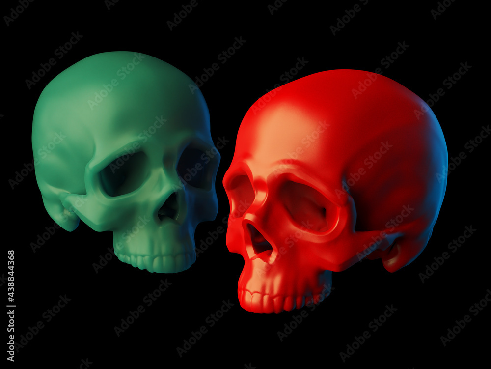 Abstract 2 sculpted red plastic and green wax skulls without lower jaws isolated on black background. 3d illustration Abstract 2 sculpted red plastic and green wax skulls without lower jaws isolated on black background. 3d illustration