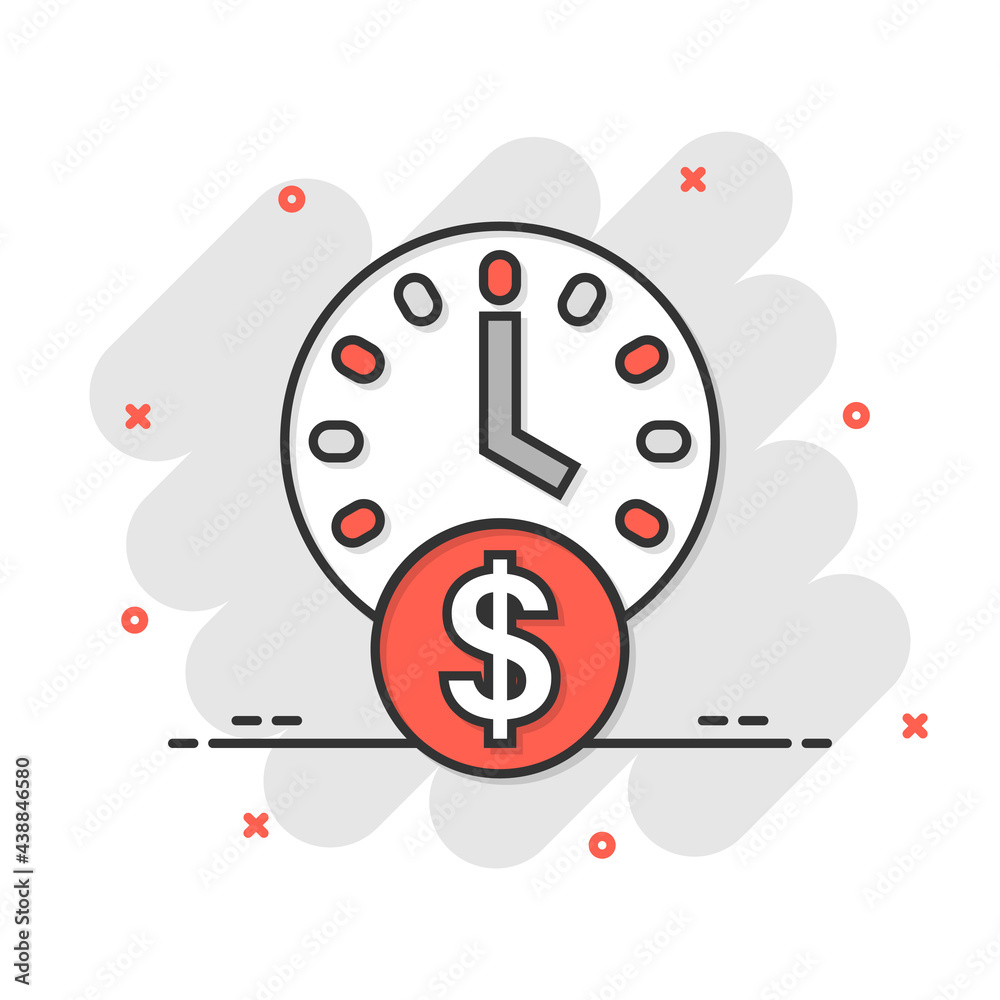 Time is money icon in comic style. Project management cartoon vector illustration on white isolated background. Deadline splash effect business concept. Time is money icon in comic style. Project management cartoon vector illustration on white isolated background. Deadline splash effect business concept.