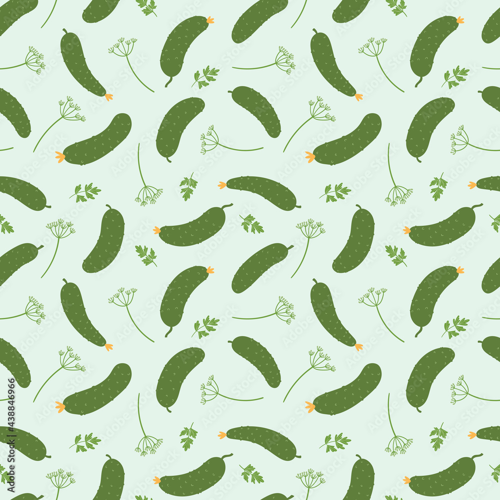 Seamless pattern with cucumbers and dill inflorescences. Vector background in simple flat style.