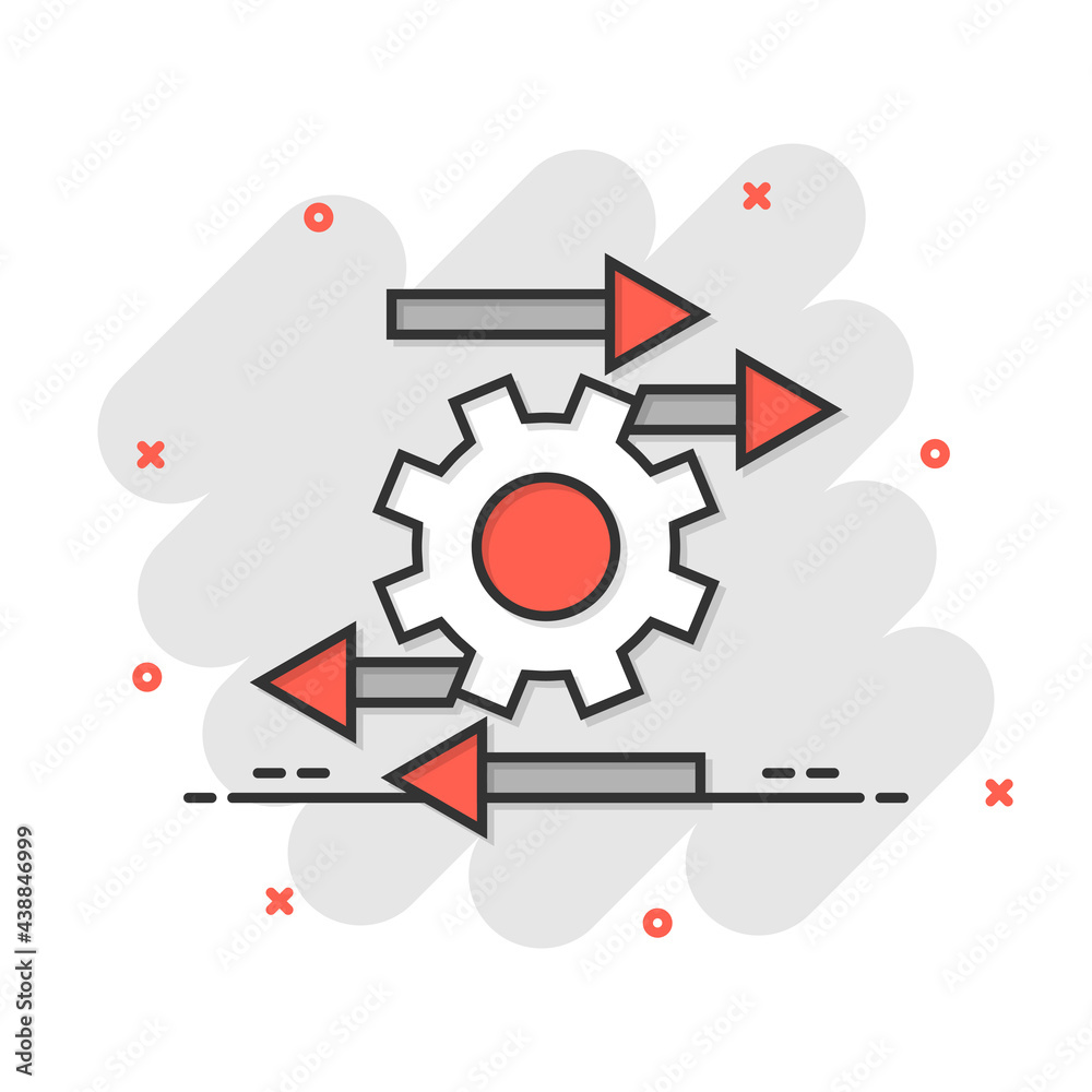 Process icon in comic style. Arrow and gear cartoon vector illustration on white isolated background. Optimization splash effect business concept. Process icon in comic style. Arrow and gear cartoon vector illustration on white isolated background. Optimization splash effect business concept.
