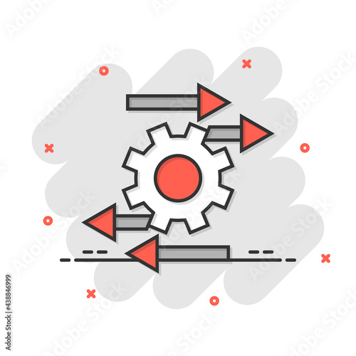Process icon in comic style. Arrow and gear cartoon vector illustration on white isolated background. Optimization splash effect business concept.