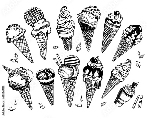 Set of ice cream in a waffle cone, with chocolate, jam, nuts, cherries, strawberries, mint. Vector image on transparent background, drawn by a pen