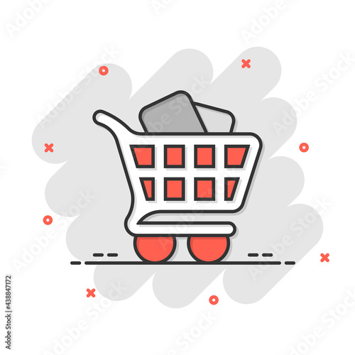 Shopping cart icon in comic style. Trolley cartoon vector illustration on white isolated background. Basket splash effect business concept.