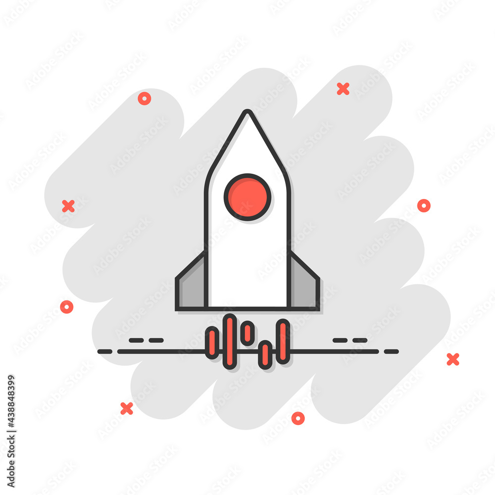 Rocket icon in comic style. Spaceship launch cartoon vector illustration on white isolated background. Sputnik splash effect business concept. Rocket icon in comic style. Spaceship launch cartoon vector illustration on white isolated background. Sputnik splash effect business concept.