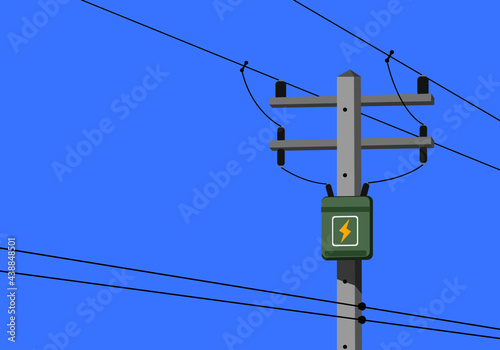 Cement high voltage electric pole and transformer with blue background copy space flat vector.