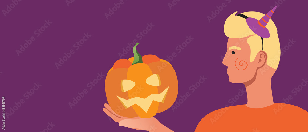 Fototapeta premium Person with Halloween pumpkin, copy space template, Flat vector stock illustration with Man in Halloween costume with Pumpkin face