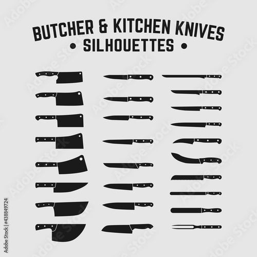 Set of Kitchen Butcher Chef Bread Knives Knife Dagger Cleaver Silhouette Logo Design Template. Suitable for Adventure Hunting Butchery Chef Restaurant Business in Retro Vintage Hipster Grunge Style.