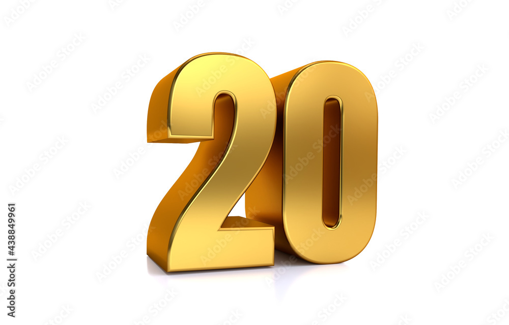 twenty, 3d illustration golden number 20 on white background and copy space on right hand side for text, Best for anniversary, birthday, new year celebration. twenty, 3d illustration golden number 20 on white background and copy space on right hand side for text, Best for anniversary, birthday, new year celebration.
