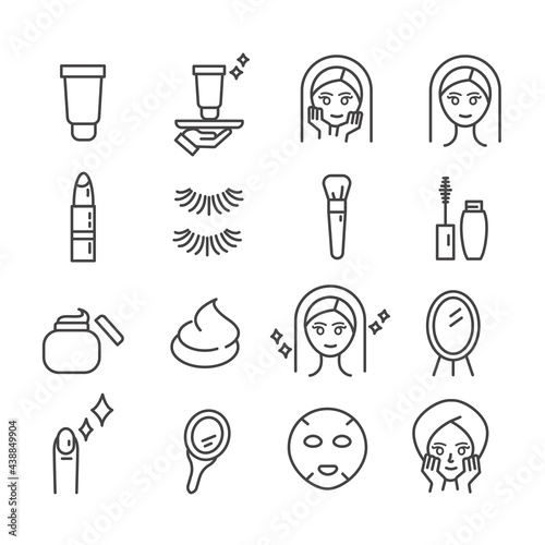 Set of minimal makeup icons. Beauty stylist or blogger  and cosmetic products concept in modern outline isolated on white background