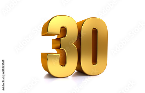 thirty, 3d illustration golden number 30 on white background and copy space on right hand side for text, Best for anniversary, birthday, new year celebration.