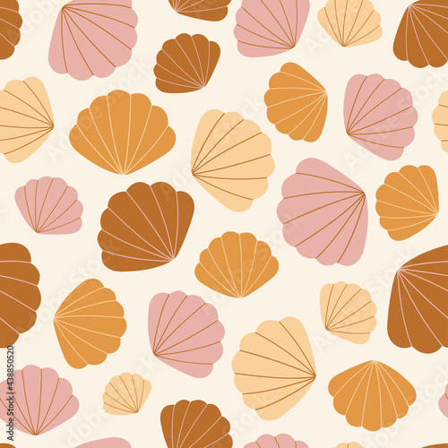 Seamless pattern with seashells on beige background. Vector sea texture. For wallpaper, textiles, fabric, paper
