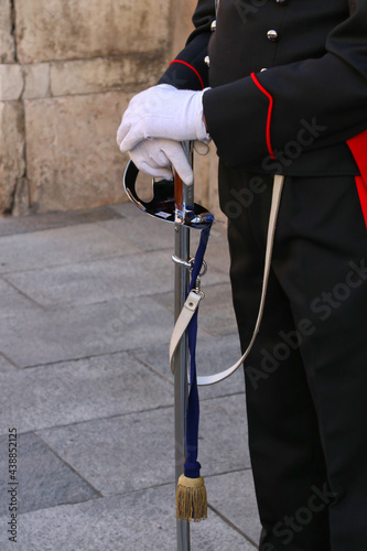 Sword of the ceremonial uniform of the Carabinieri military corps, Italian army, detail with the frieze, cockade and coat of arms