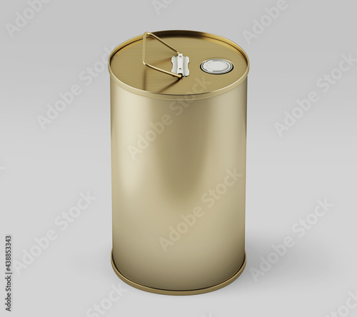 Round Olive Oil Tin Can Mockup, golden Liquid Container, 3d Rendered isolated on light background photo