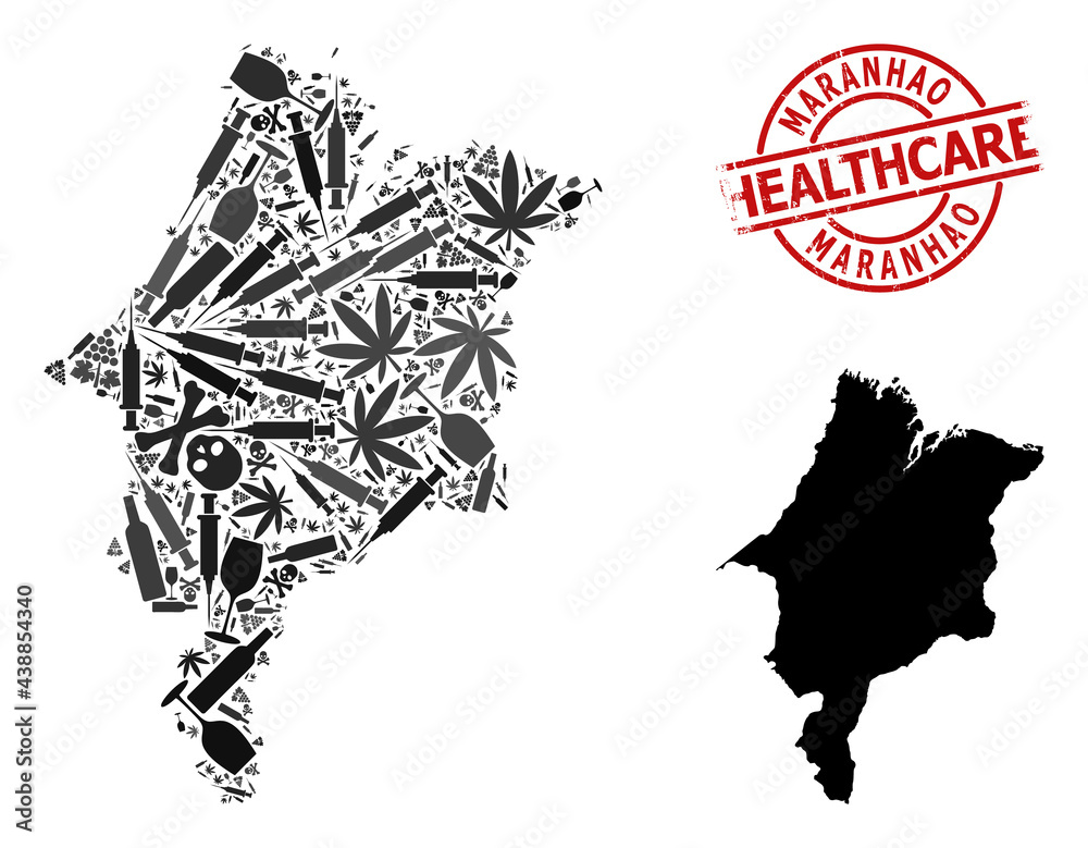 Vector narcotic collage map of Maranhao State. Rubber healthcare round red rubber imitation. Concept for narcotic addiction and health care proclamations.